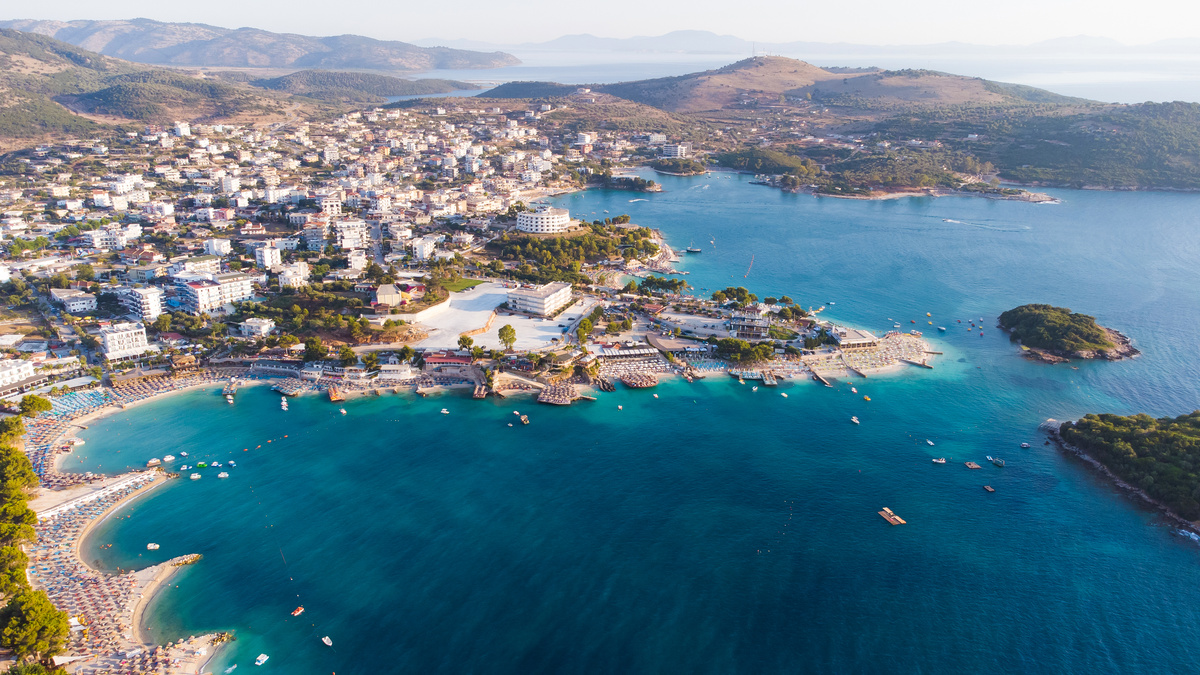 Beautiful aerial view of Ksamil from above islands and sea, Albanian Riviera